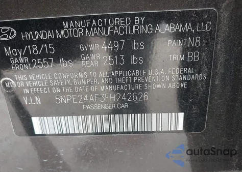 2015 Hyundai Sonata Se z USA, uszkodzony, nr VIN 5NPE24AF3FH242626